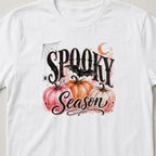 Spooky Season (Pink Pumpkins) t-shirt, white, close view of the print