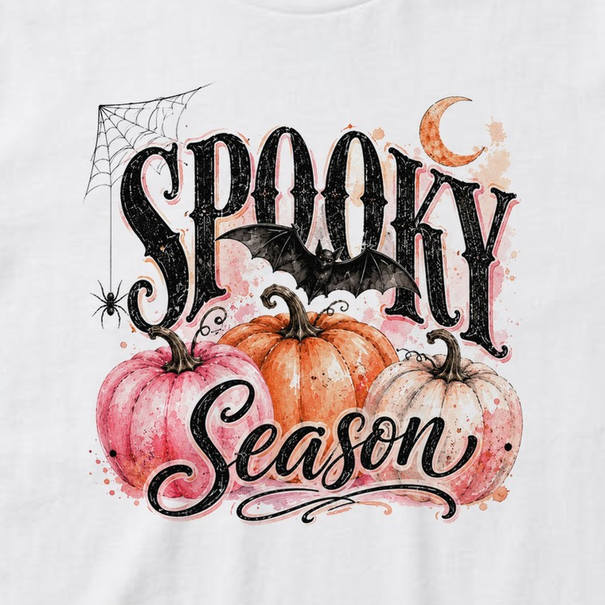 Spooky Season (Pink Pumpkins) t-shirt, white, print detail