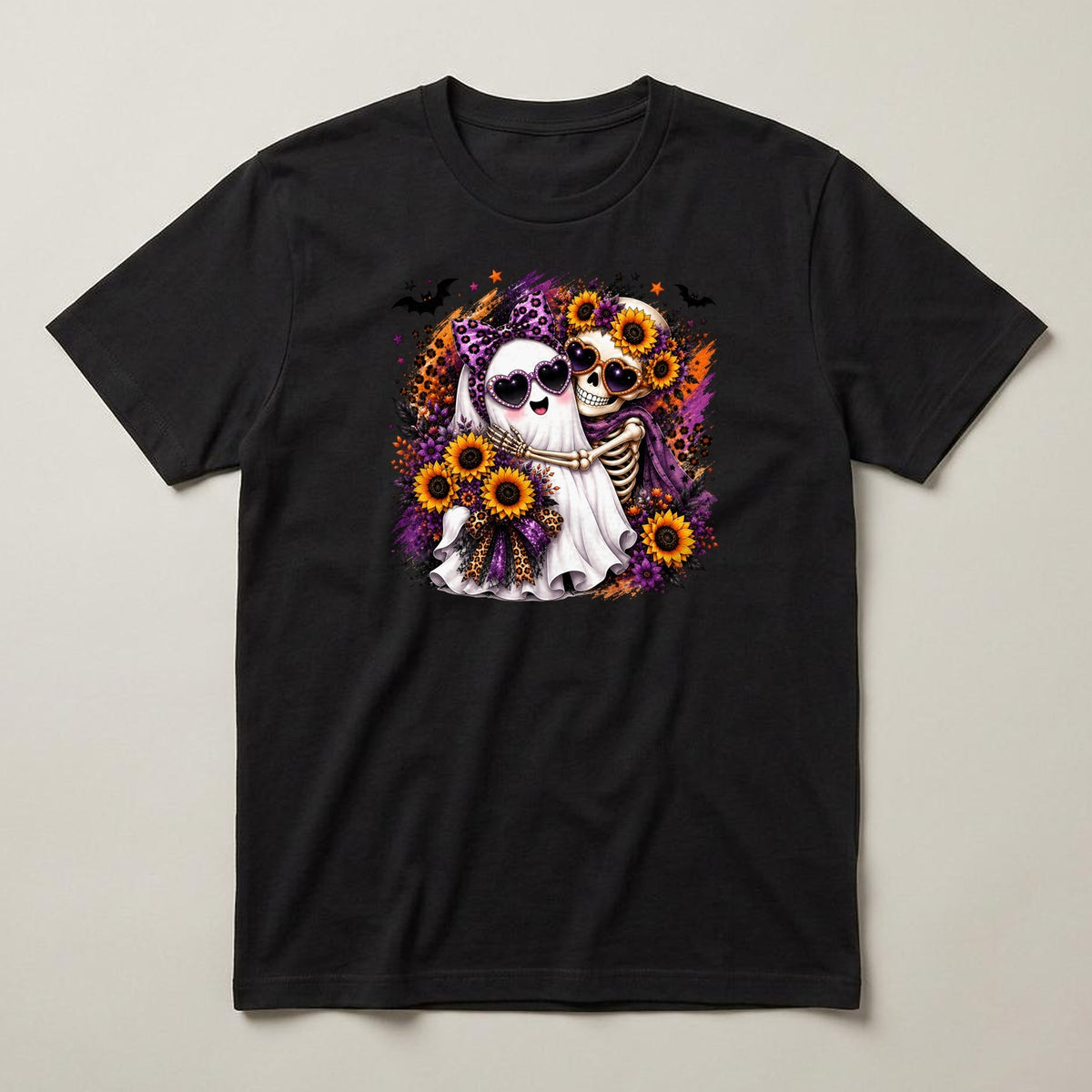 Ghost & Skeleton Sunflowers t-shirt, black, print on the front
