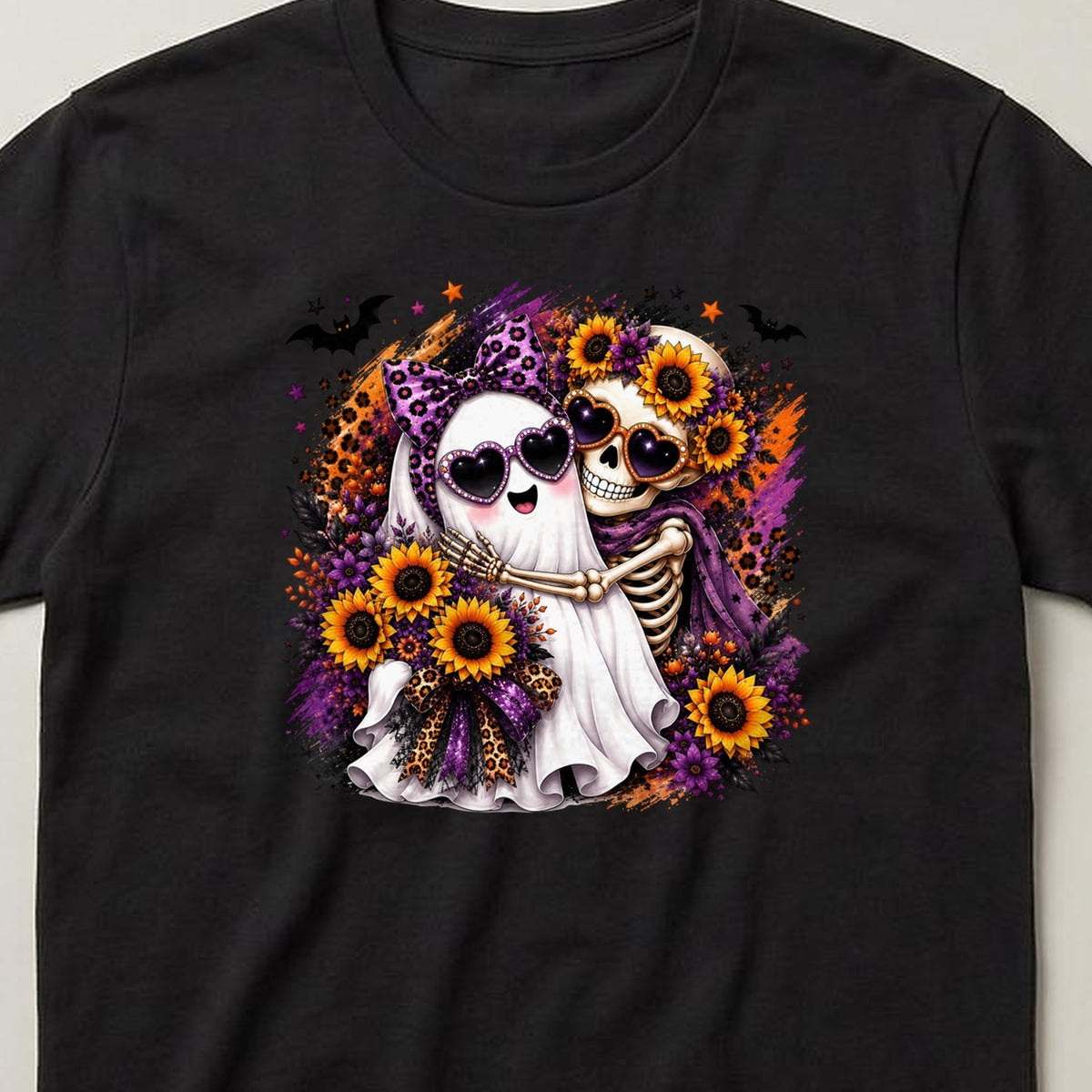 Ghost & Skeleton Sunflowers t-shirt, black, close view of the print