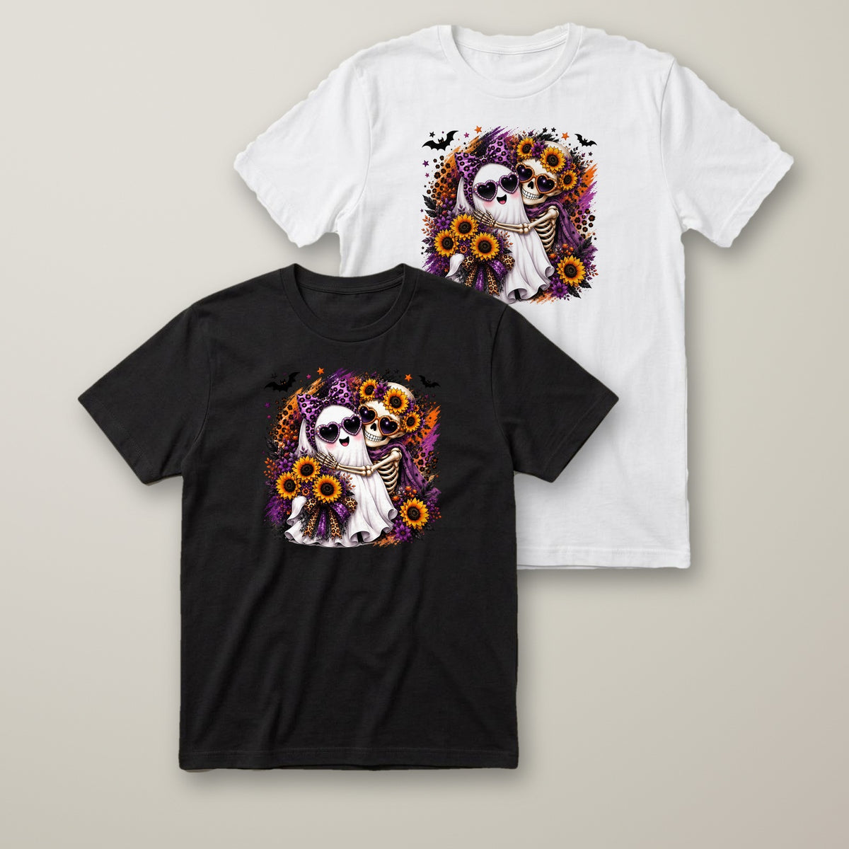 Ghost & Skeleton Sunflowers t-shirt in black and white