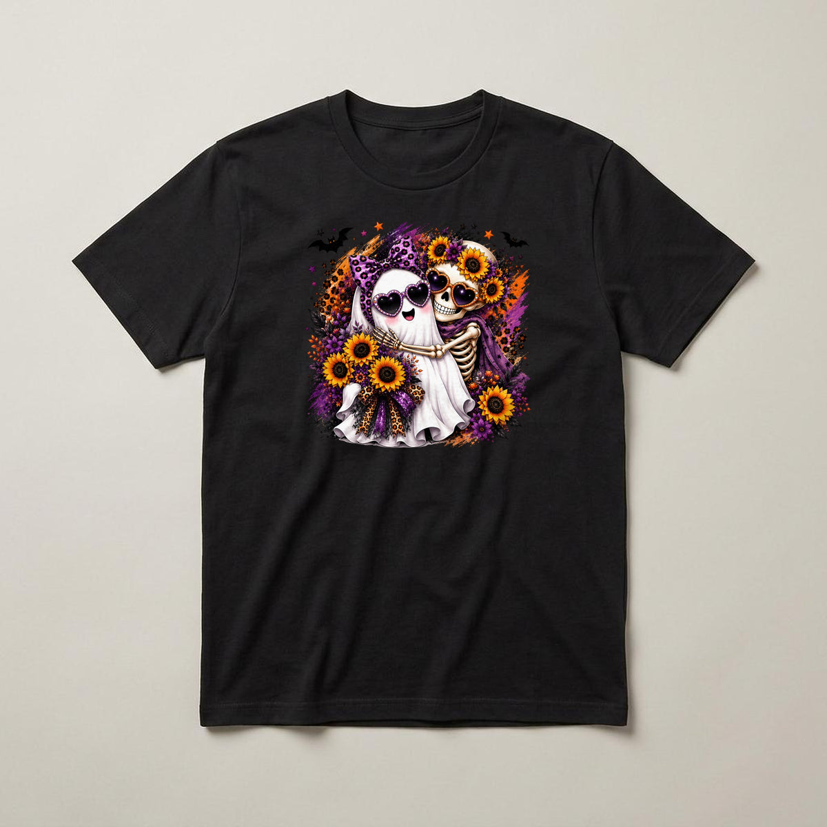 Ghost & Skeleton Sunflowers t-shirt, black, print on the front