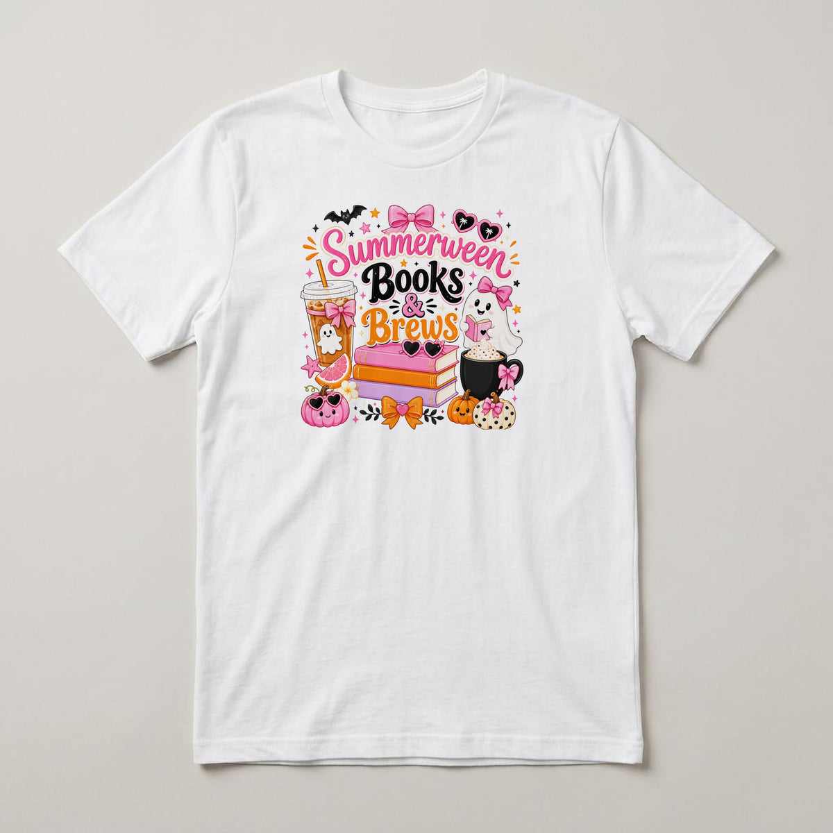 Summerween Books & Brews t-shirt, white, print on the front