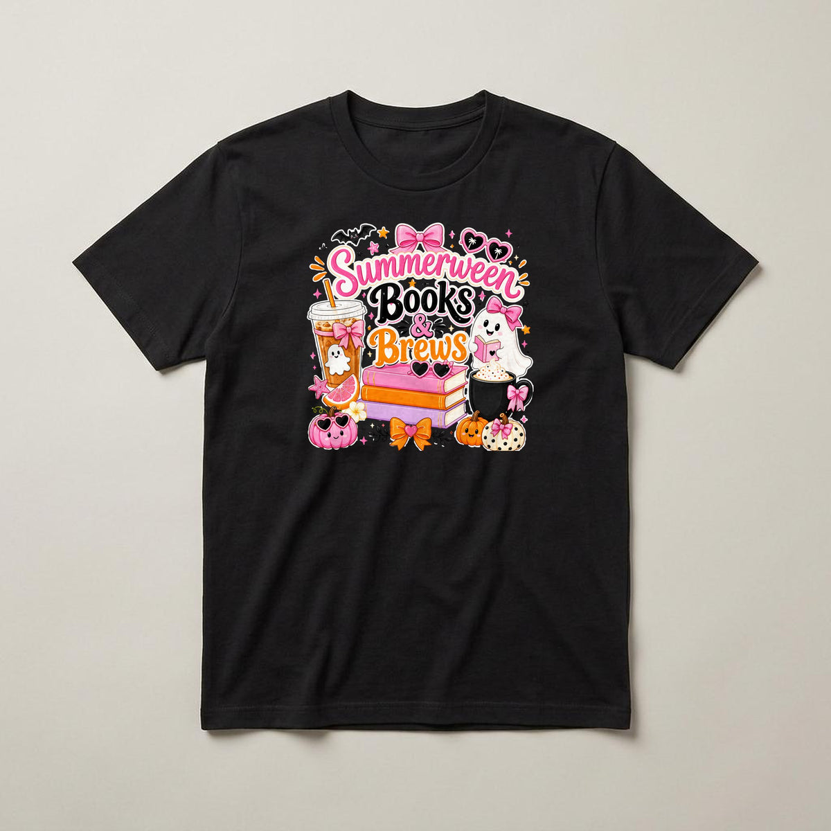 Summerween Books & Brews t-shirt, black, print on the front