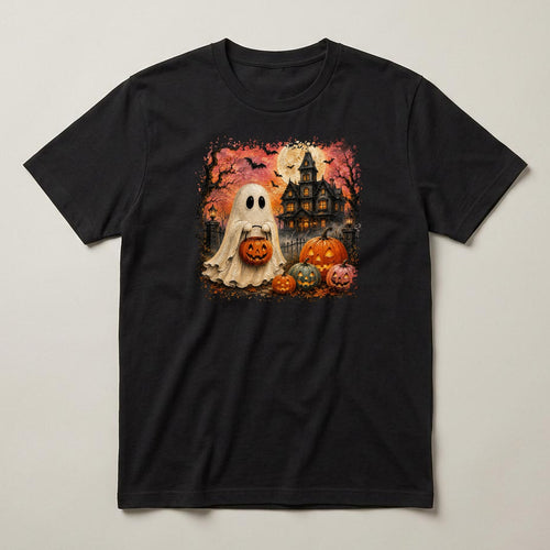 Ghost & Haunted House t-shirt, black, print on the front