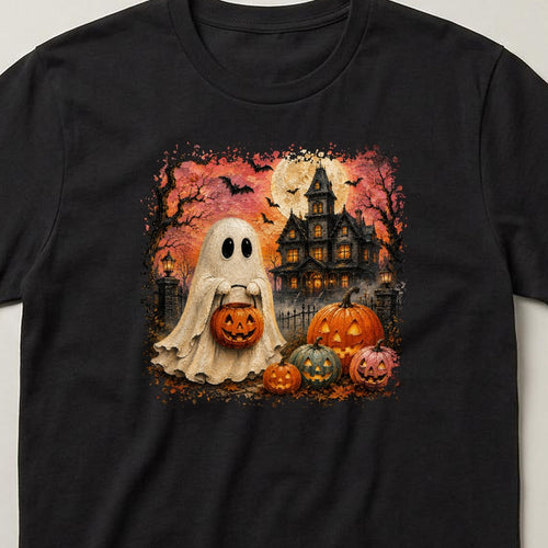 Ghost & Haunted House t-shirt, black, close view of the print