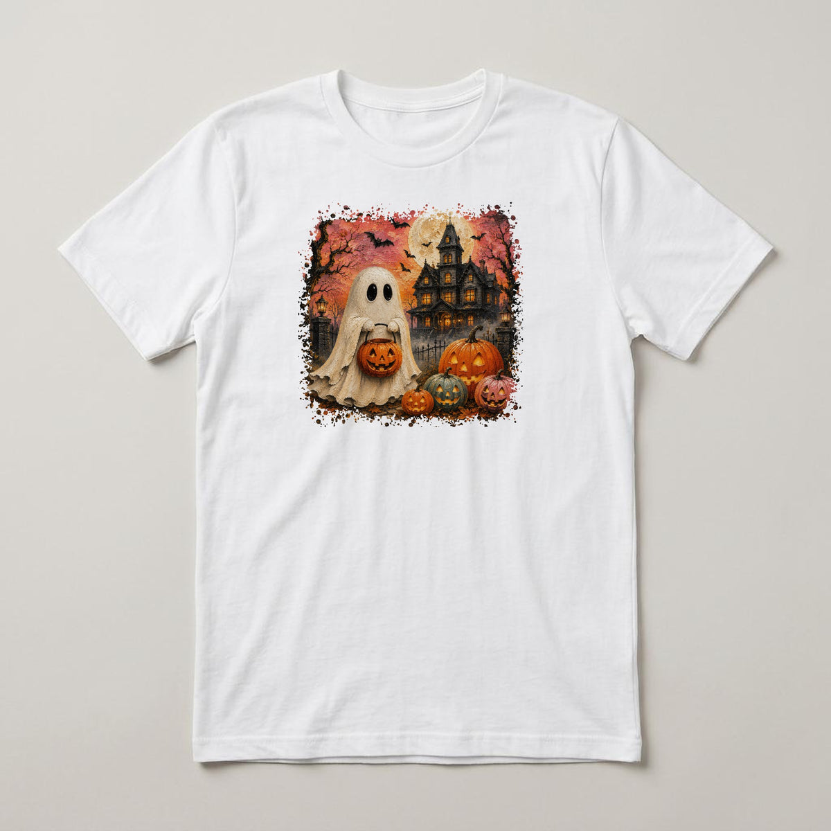 Ghost & Haunted House t-shirt, white, print on the front