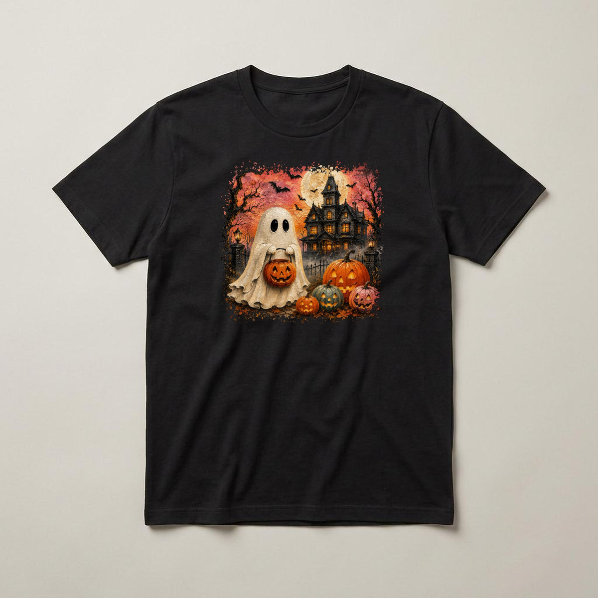 Ghost & Haunted House t-shirt, black, print on the front