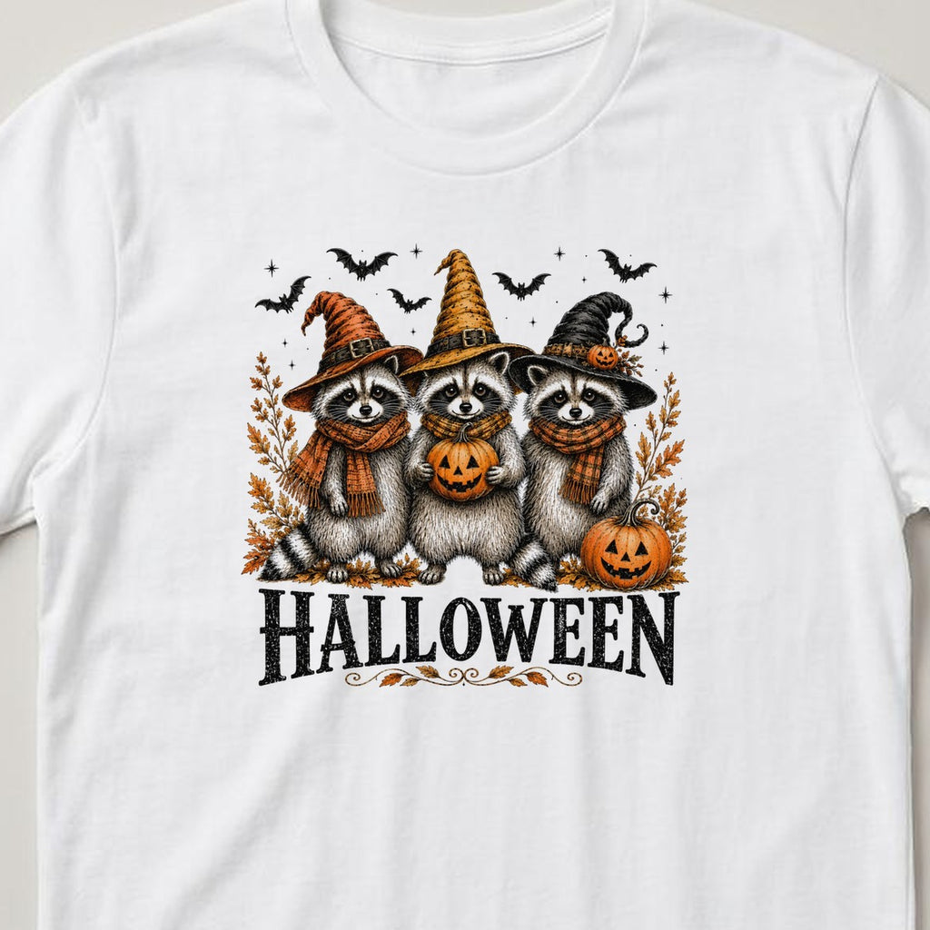 Witch Raccoons t-shirt, white, close view of the print