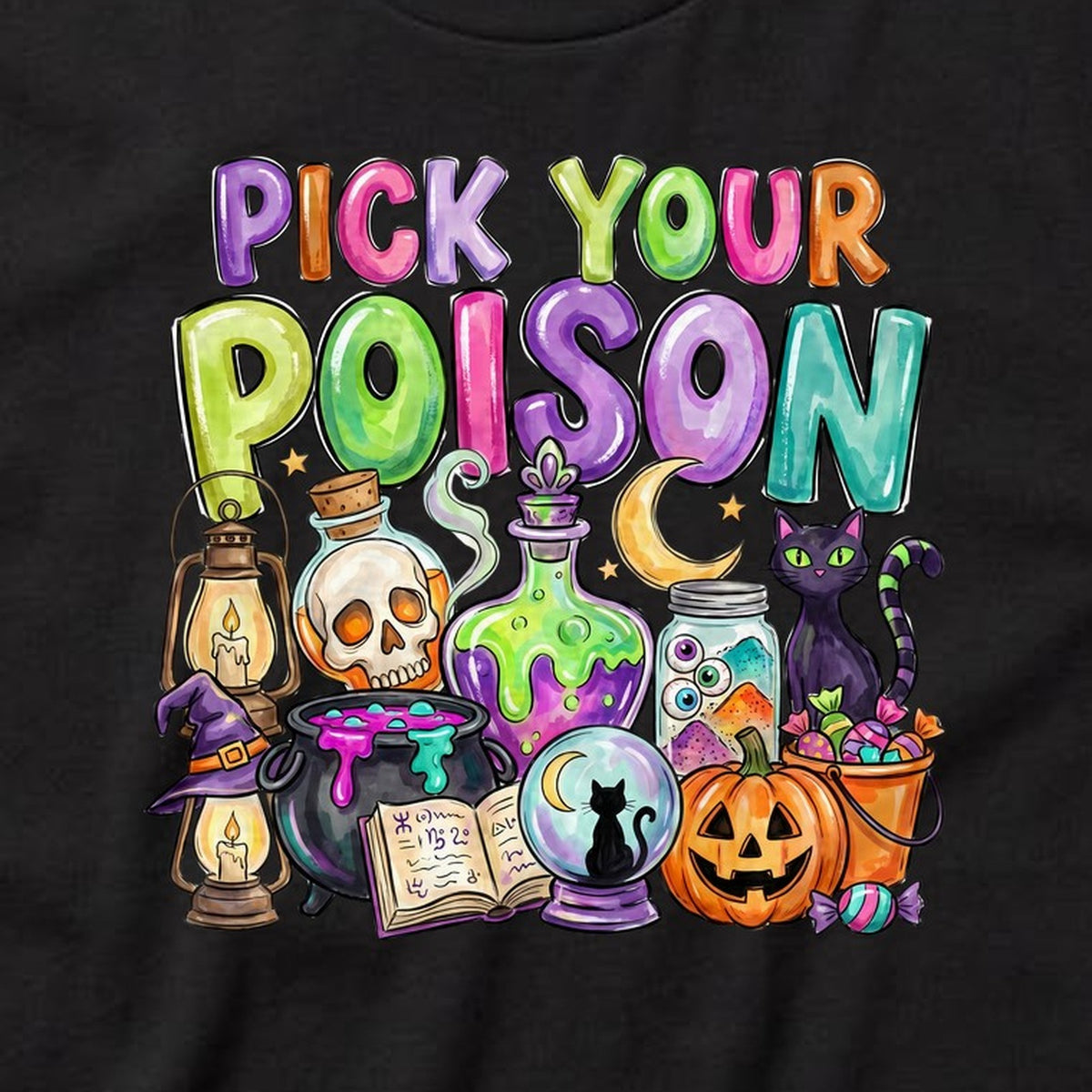 Pick Your Poison (Color) t-shirt, black, print close-up