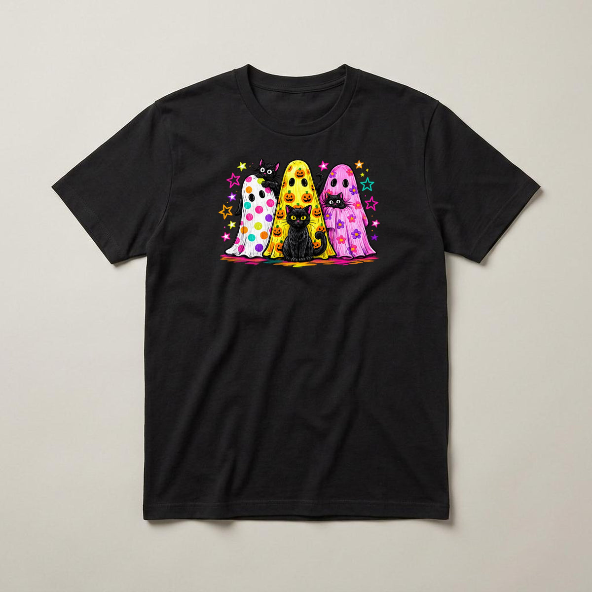 Polka Dot Ghosts & Cats t-shirt, black, print on the front