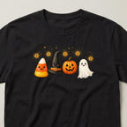 Candy Corn Friends t-shirt, black, close view of the print