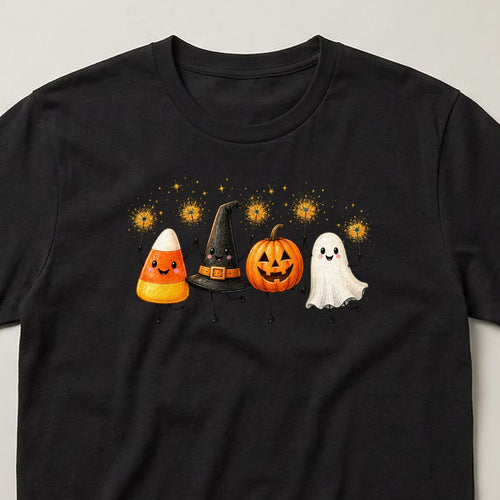 Candy Corn Friends t-shirt, black, close view of the print
